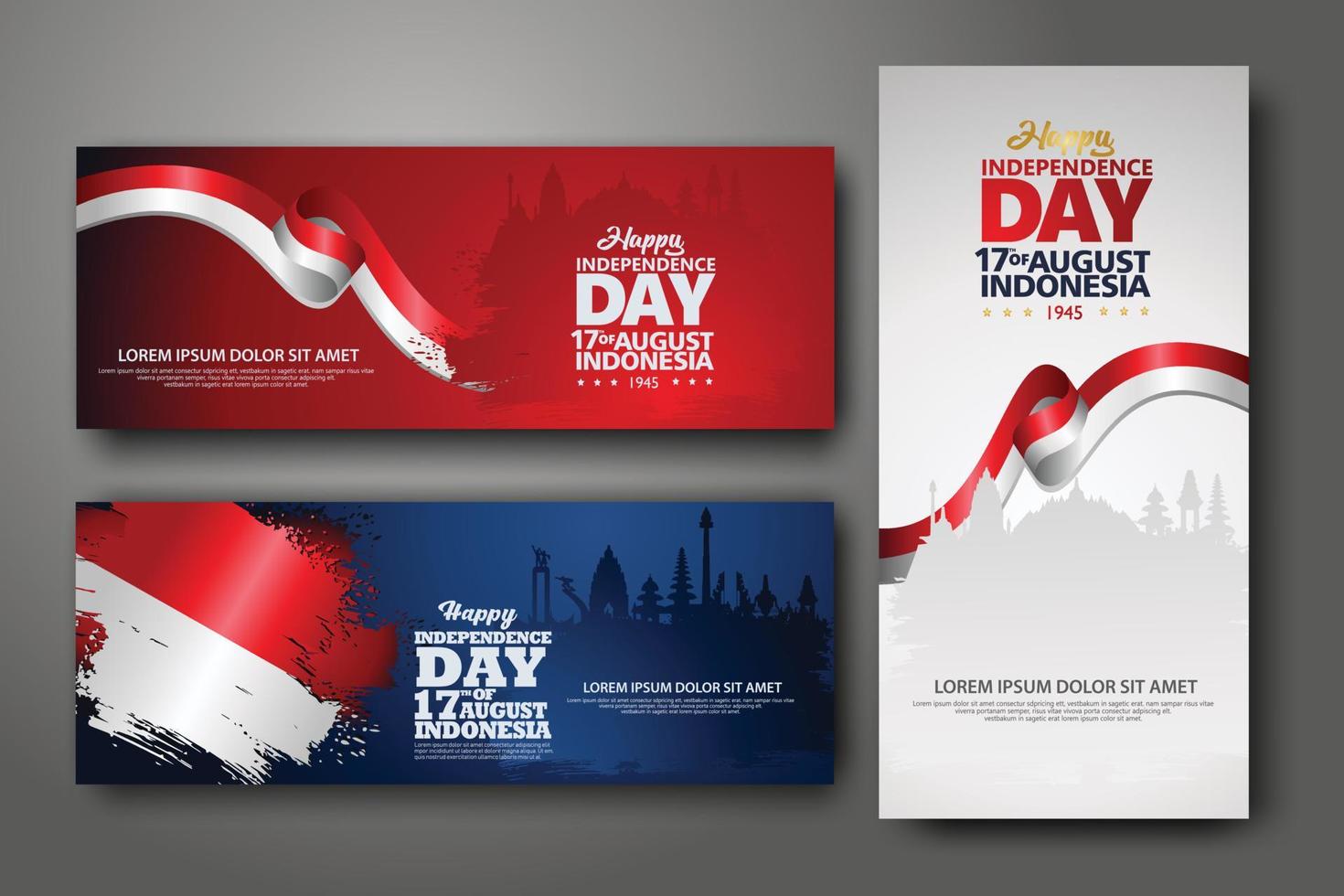 Indonesische onafhankelijkheidsdag viering banner set. 17 augustus felicitatie groet vectorillustratie. moderne achtergronden met Indonesische vlag in grunge-stijl en silhouet icoon stad indonesië vector