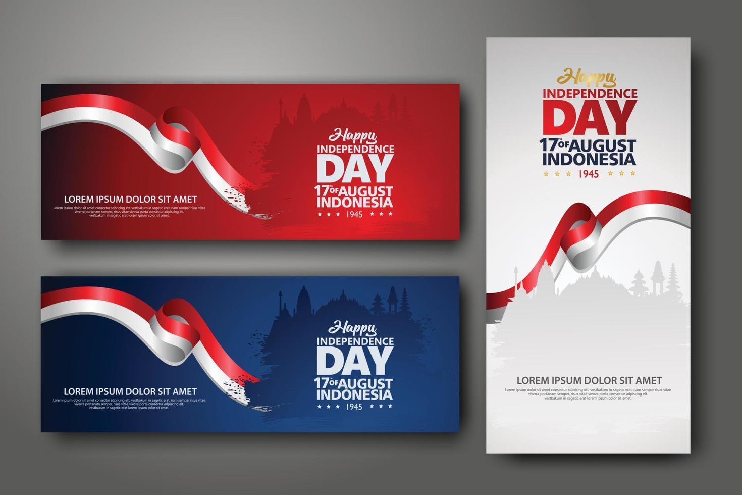 Indonesische onafhankelijkheidsdag viering banner set. 17 augustus felicitatie groet vectorillustratie. moderne achtergronden met Indonesische vlag in grunge-stijl en silhouet icoon stad indonesië vector