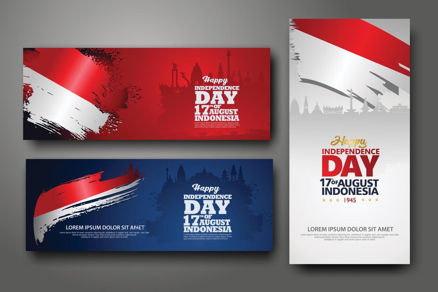 Indonesische onafhankelijkheidsdag viering banner set. 17 augustus felicitatie groet vectorillustratie. moderne achtergronden met Indonesische vlag in grunge-stijl en silhouet icoon stad indonesië vector