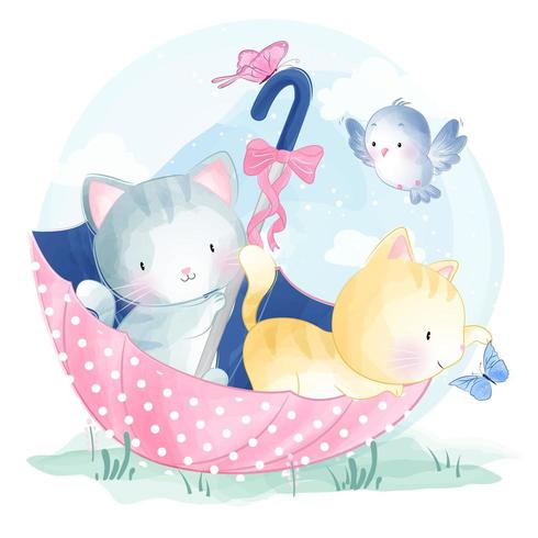 Kittens spelen binnen aquarel paraplu vector