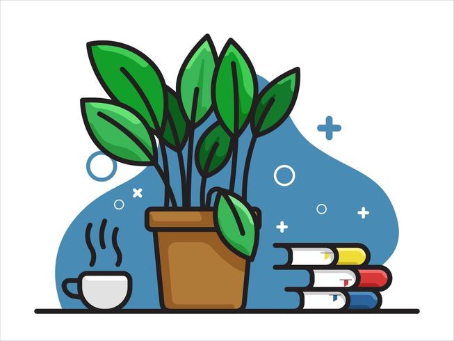 Plant pot met koffiekopje en stapel boeken vector