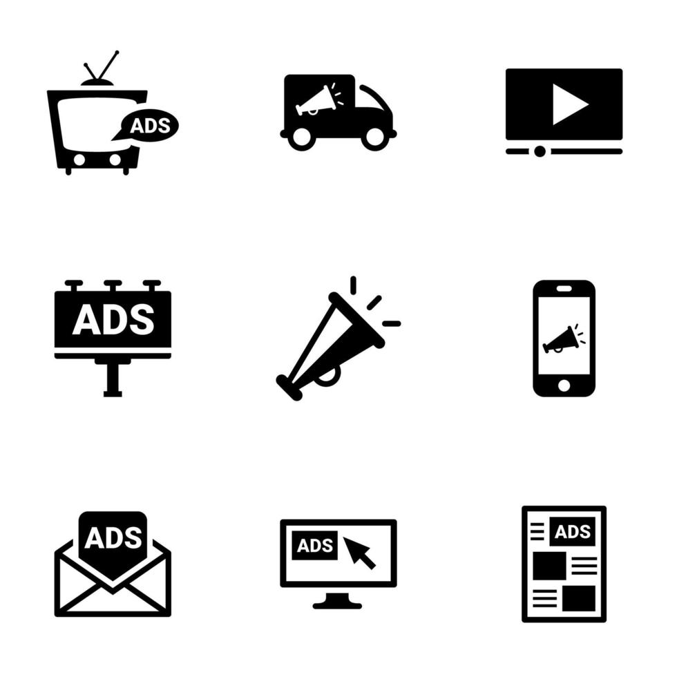 pictogrammen voor thema reclame, media, communicatie, vector, pictogram, set. witte achtergrond vector