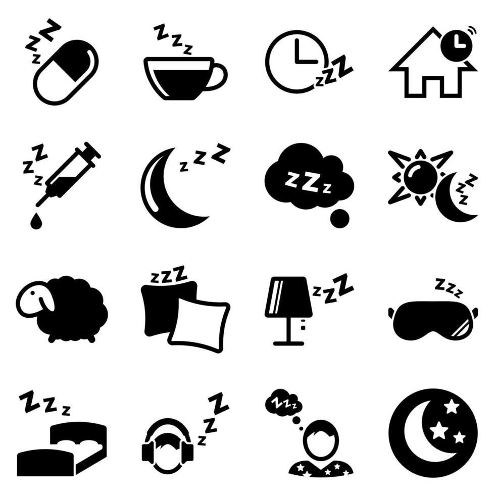 set van eenvoudige pictogrammen op een thema slaap, slaapkamer, huis, verlichting, nacht, vector, set, plat, teken, symbool, object. zwarte pictogrammen geïsoleerd tegen een witte achtergrond vector