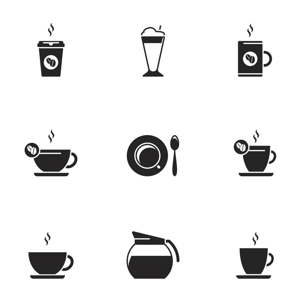 vector zwarte koffie iconen set