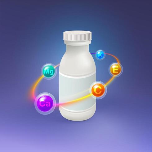 Realistische vitamine plastic fles met vitaminesymbolen vector