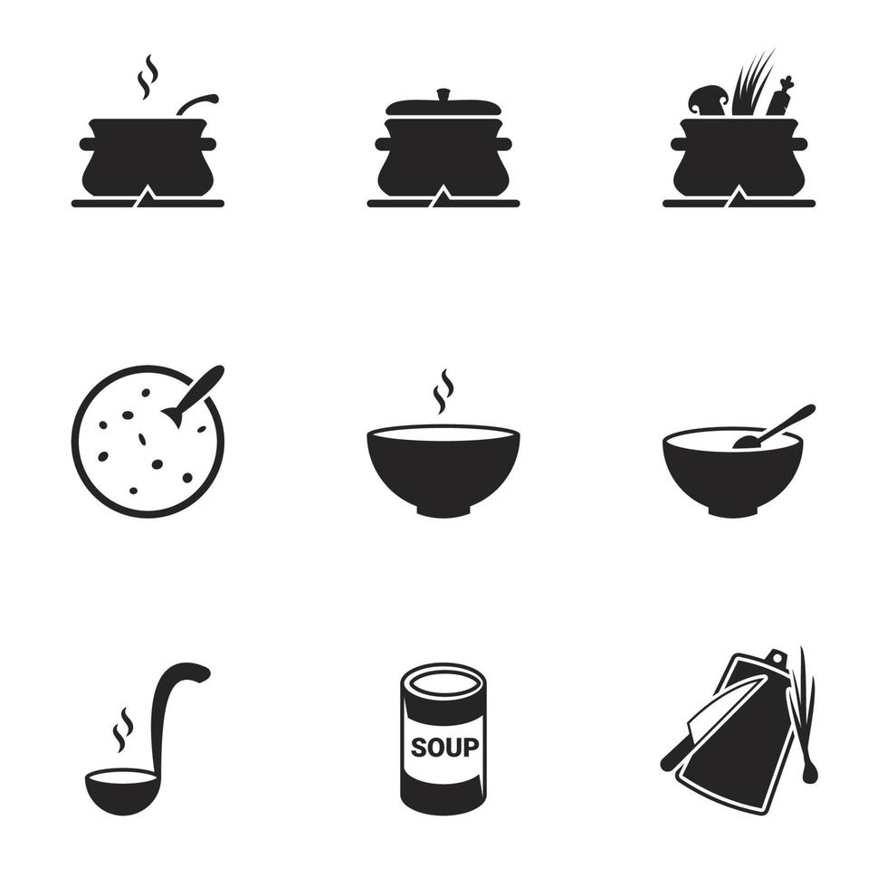 voorbereiding van soep, soep in een kom. set pictogrammen vector
