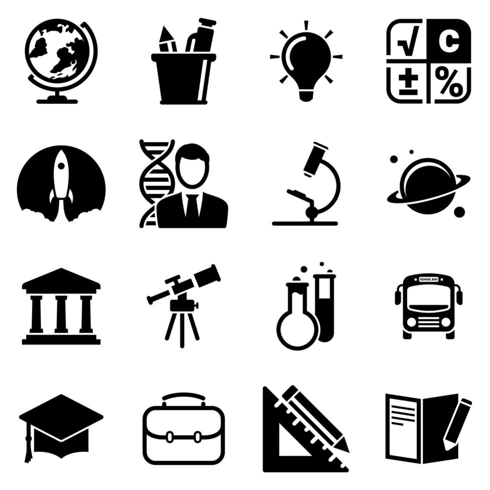 set van eenvoudige pictogrammen op een thema school, studie, onderwijs, student, vector, ontwerp, collectie, flat, teken, symbool, element, object, illustratie. zwarte pictogrammen geïsoleerd tegen een witte achtergrond vector