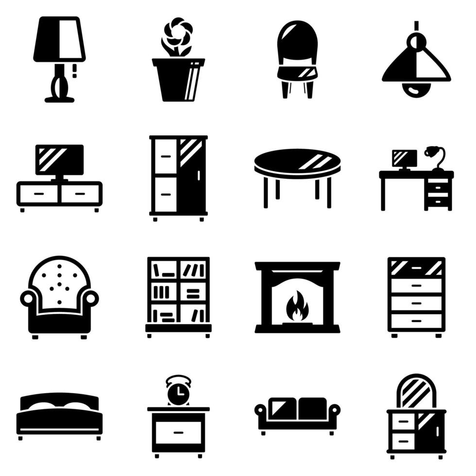 set van eenvoudige pictogrammen op een thema meubilair, huis, interieur, vector, ontwerp, flat, teken, symbool, object, illustratie. zwarte pictogrammen geïsoleerd tegen een witte achtergrond vector
