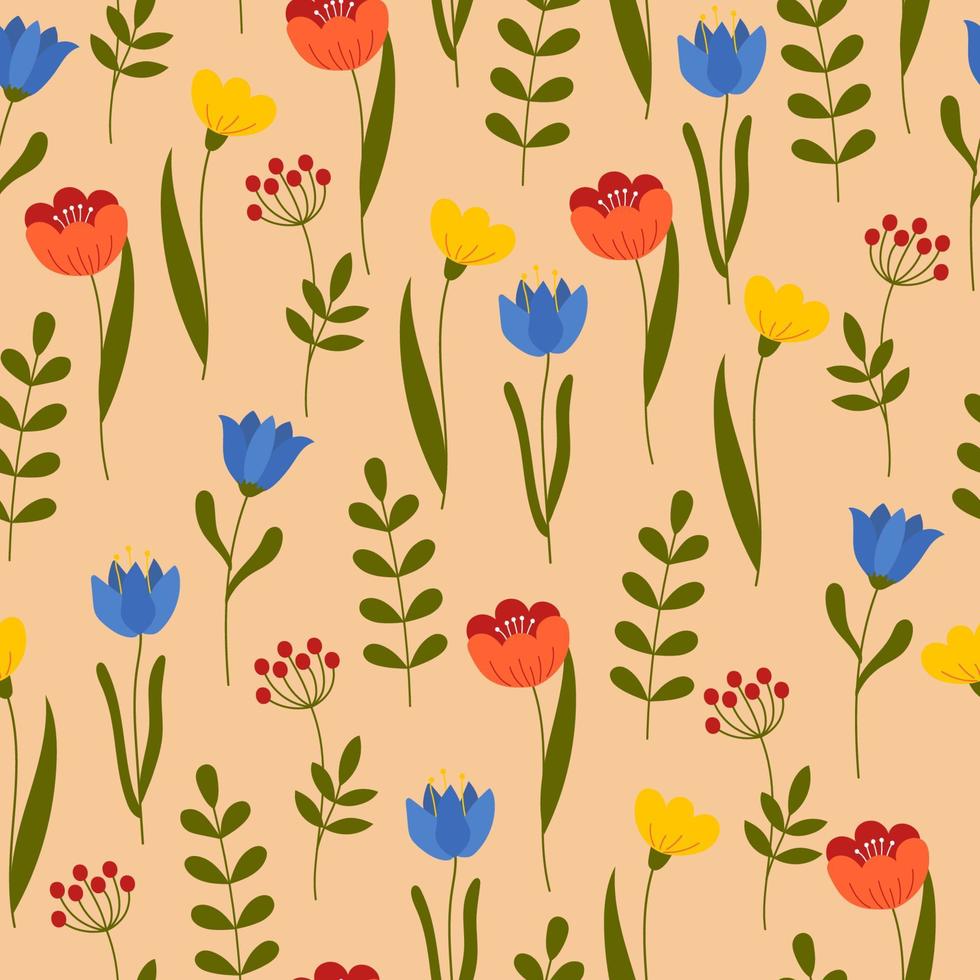 naadloos patroon met kleurrijke bloemen op roze achtergrond. eindeloze print gemaakt van bloemen en takken. vector