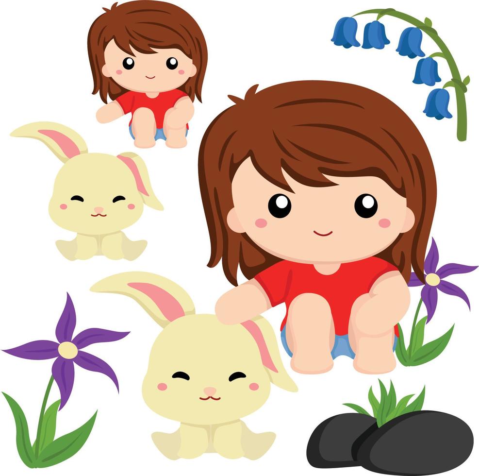 meisje met haar konijn clipart prachtige bloemen perfect voor Pasen of lente decoratie vector