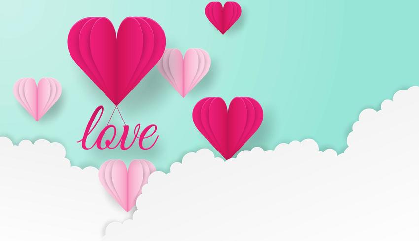Het gelukkige Valentijnskaarten ontwerpen met liefdetekst en harten die in wolken vliegen vector