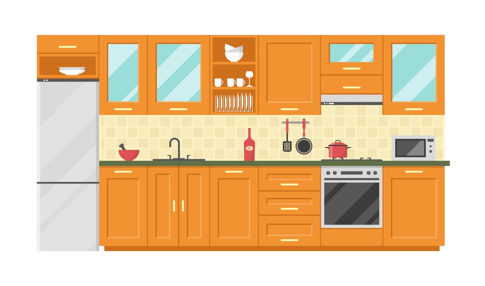 platte vectorillustratie, keukeninterieur, meubels, voedselbereidingsapparatuur, servies vector