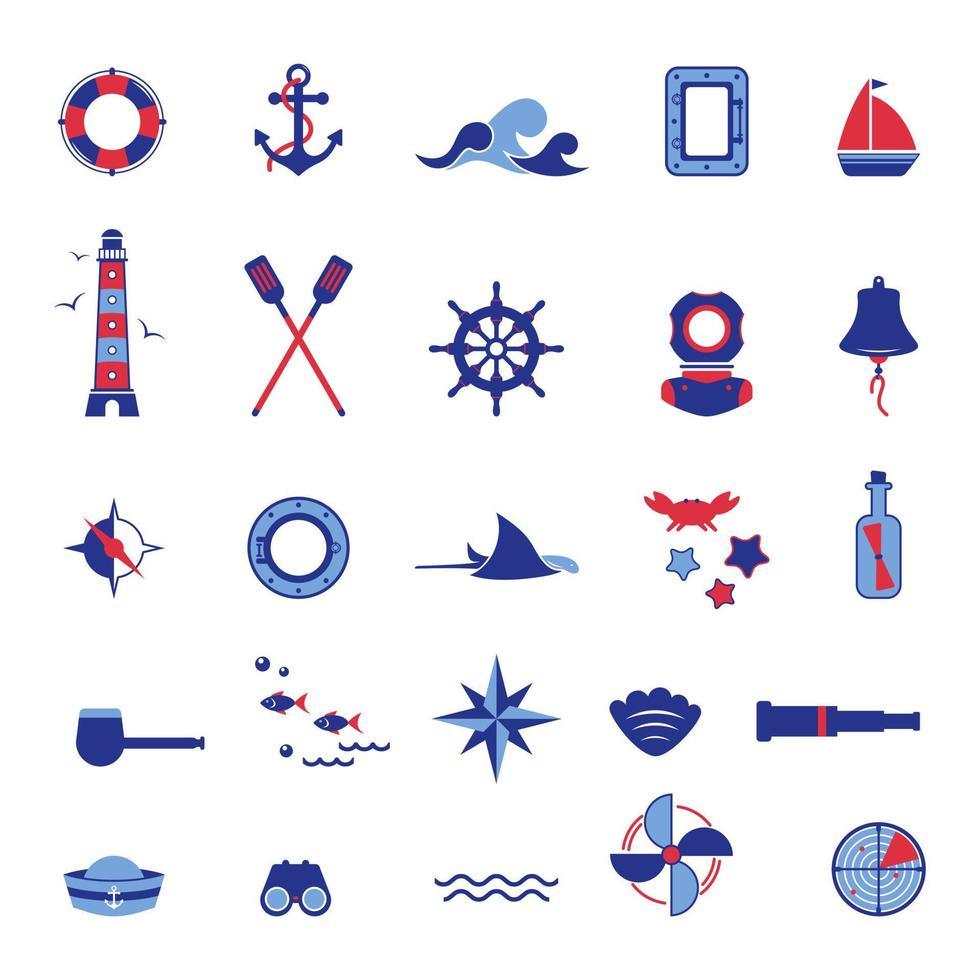 vector set pictogrammen op het thema van de zee, navigatie, zee reizen. nautische illustratie van objecten van navigatie, zeevaart