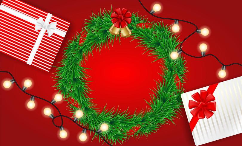 Kerst ontwerp met verlichting, krans en geschenken op rood vector