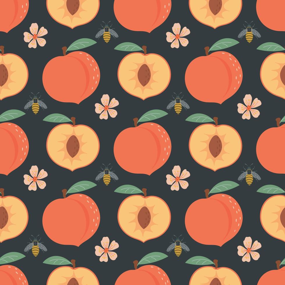naadloos patroon met perzik, bloemen en bijen. fruit patroon. vector