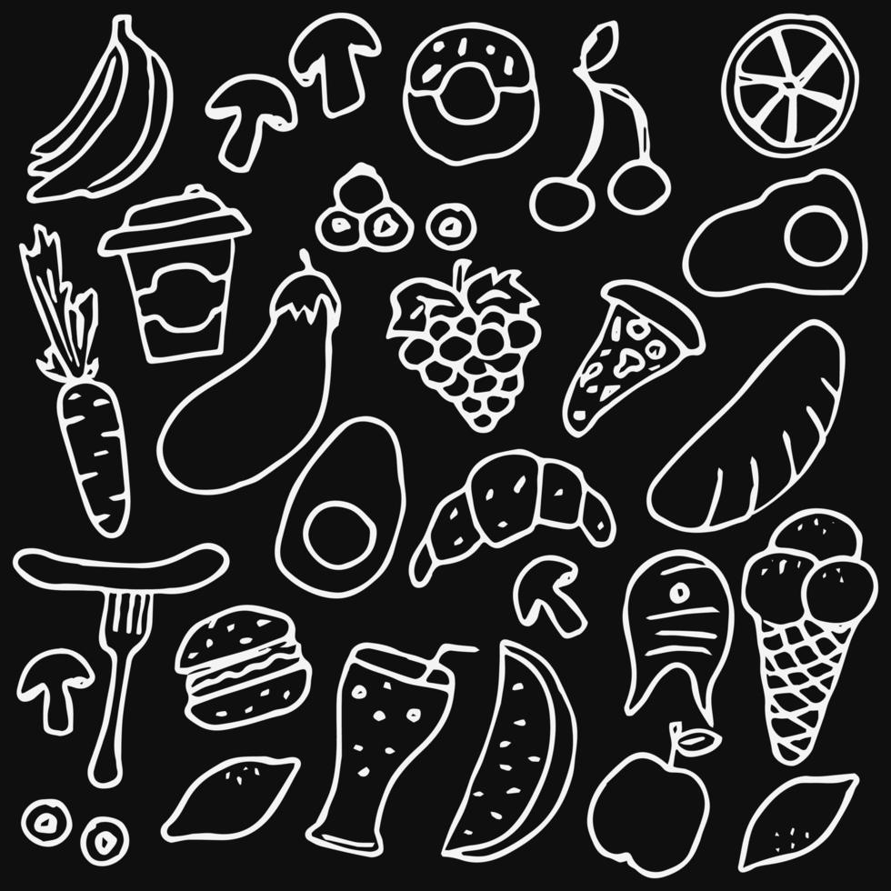 stel pictogrammen in op het thema eten. voedselvector. doodle vector met voedsel pictogrammen op zwarte achtergrond.
