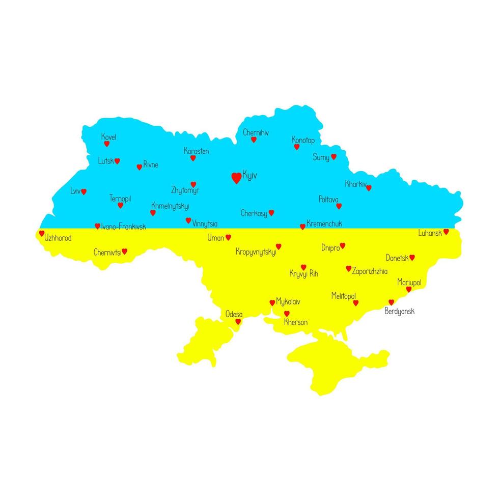 Oekraïne kaart in de kleur van blauwe en gele traditionele nationale vlag, symbool van heldere lucht en rijpe tarwe- of zonnebloemvelden vector