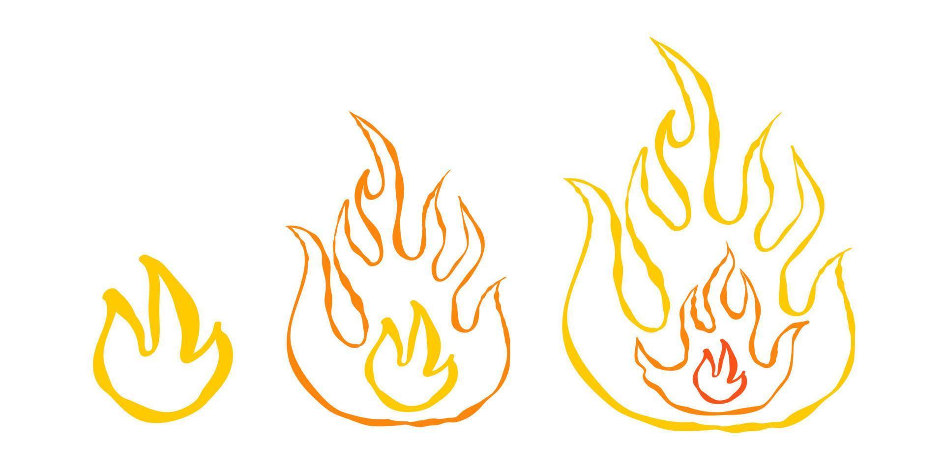 vector set drie iconen van vuur in de hand tekenstijl. vectorillustraties van vlam voor games.