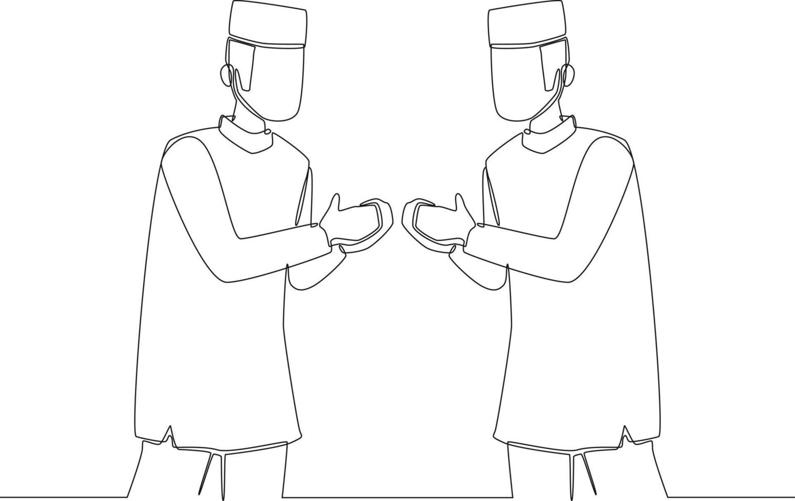 ononderbroken lijntekening van twee man die op de traditionele manier van de moslim groet, het topje van de vinger aanraakt. ramadan kareem en ied mubarak. vectorillustratie. vector