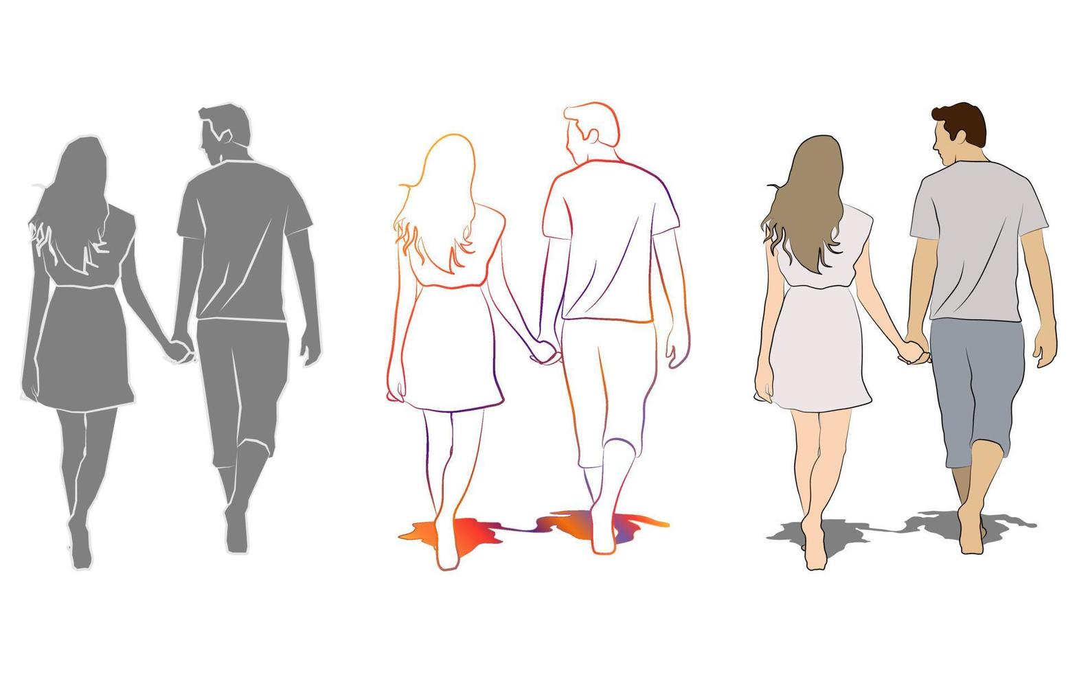 een paar hand in hand en samen wandelen. lijn kunst. vector