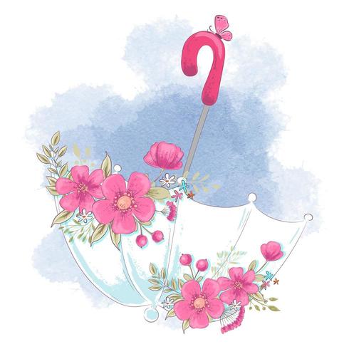 Leuke cartoonparaplu met bloemen vector