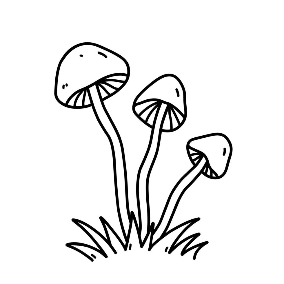 paddestoelen in het gras geïsoleerd op een witte achtergrond. giftige paddenstoel. vector handgetekende illustratie in doodle stijl. perfect voor kaarten, decoraties, logo.