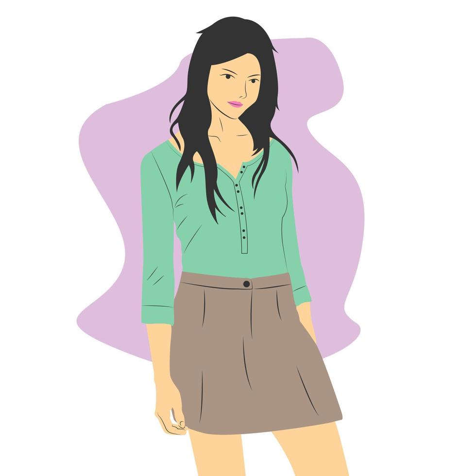 mooie en schattige vrouw die staat en poseert met casual kleding. platte cartoon vectorillustratie vector