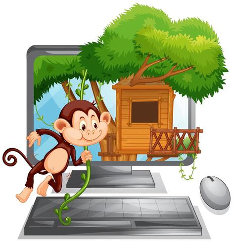 Computerscherm met aap spelen in boomhut vector