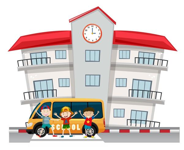 Kinderen en schoolbusje op de school vector