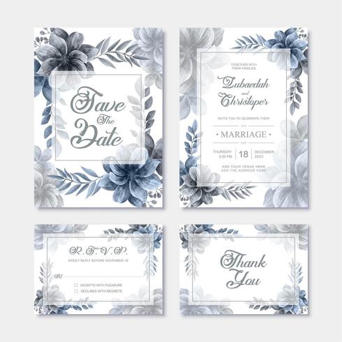 Bruiloft uitnodiging kaartsjabloon met blauwe aquarel bloemdecoratie vector