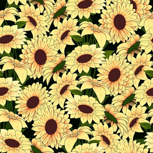 Gele bloemen in een geel vaaspatroon op een donkere achtergrond vector