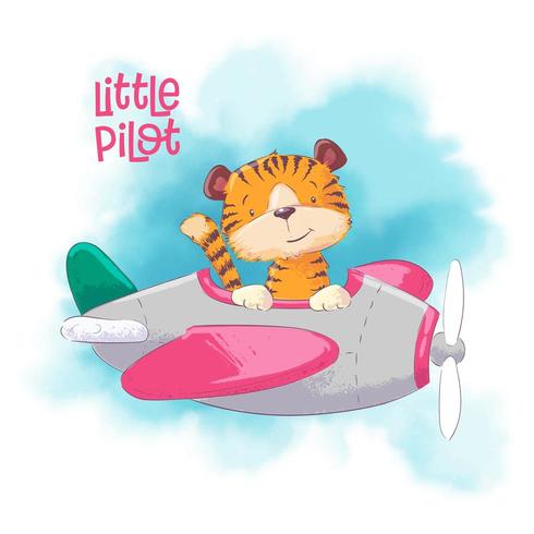 Cute cartoon tijger op een vliegtuig vector