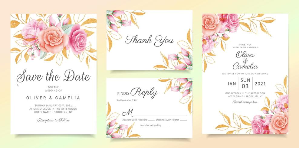 Bloemen met glitter verlaat bruiloft uitnodiging kaartsjabloon set vector