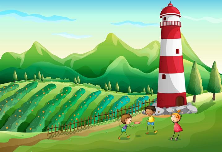 Drie schattige kinderen op de boerderij spelen in de buurt van de toren vector