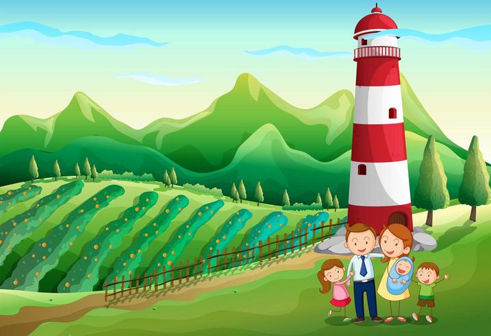 Een familie op de boerderij met een hoge toren vector