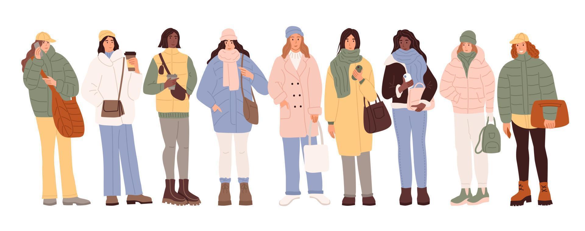 een jonge vrouw in winterkleren. streetstyle meisje. stijlvolle mensen in modieuze kleding. platte vectorillustratie vector