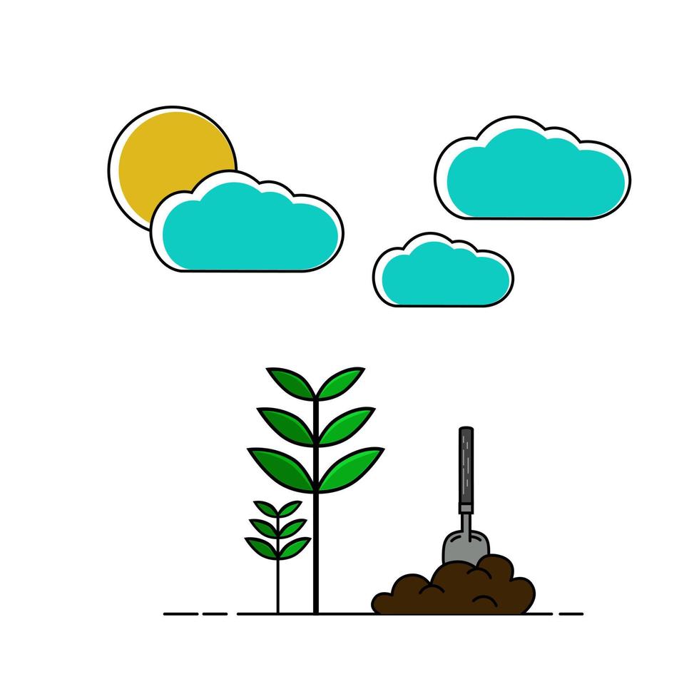 landbouwactiviteiten op een zonnige dag. een schop en wat planten en de lucht is helder. milieubescherming concept. vector platte ontwerp illustratie. vierkante indeling.