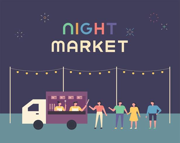 Night Food Truck Market Poster. vector
