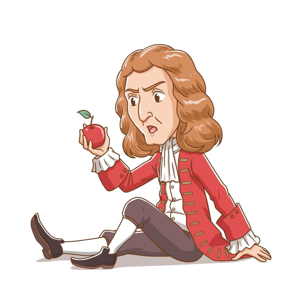 stripfiguur van sir Isaac Newton die naar appel kijkt. vector