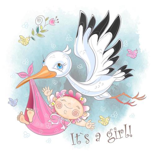 Ooievaar vliegt met babymeisje. Babyshower. Briefkaart voor de geboorte van een baby. Waterverf vector