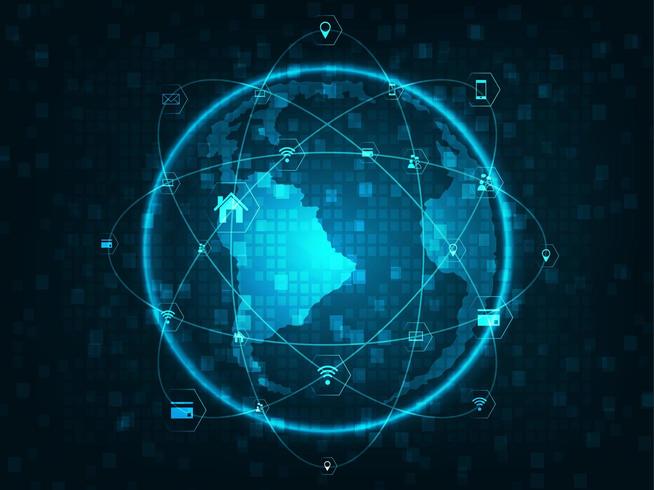 Wereldbol met netwerk lijnen, cirkels en technologie plat pictogrammen vector