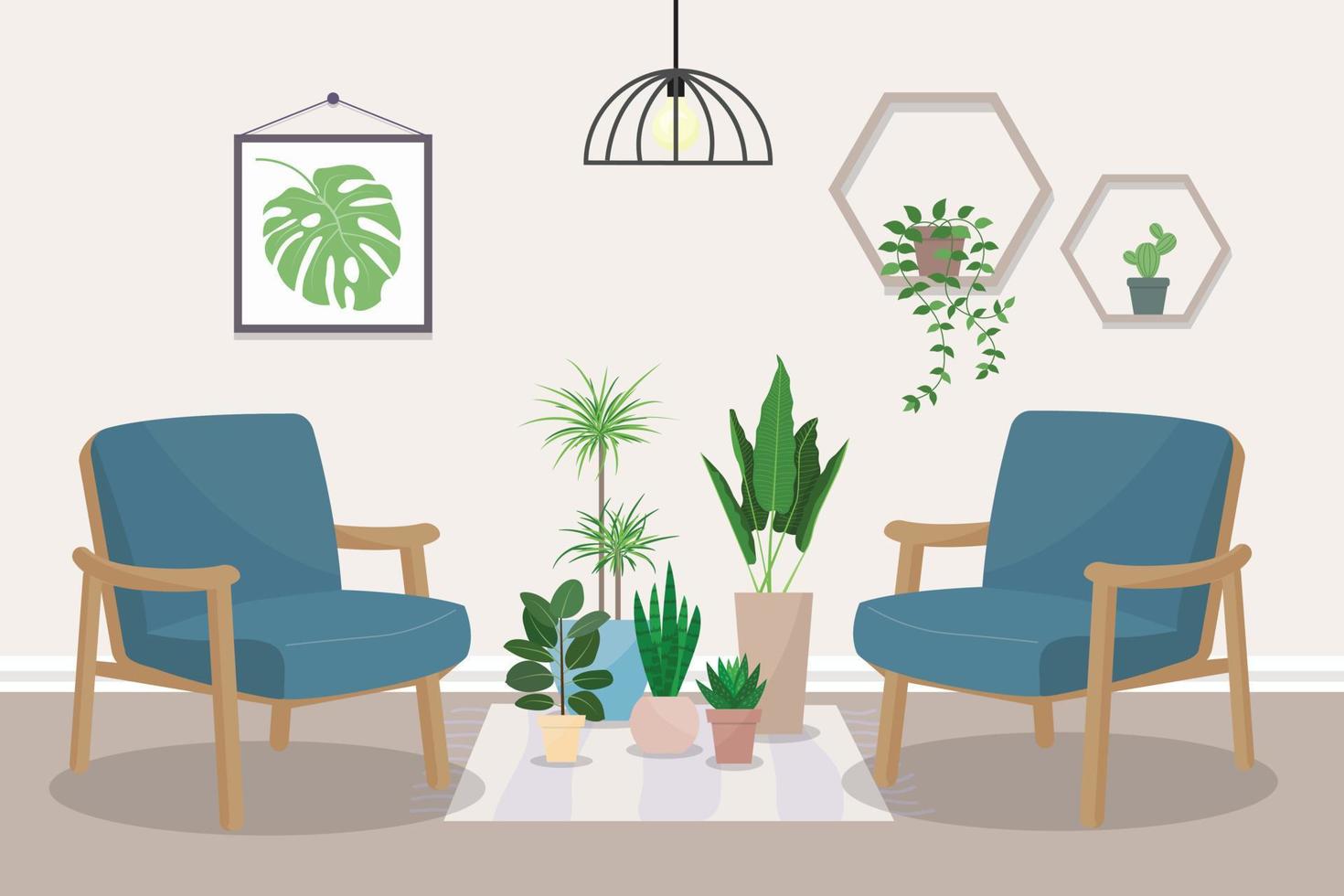 een woonkamer met twee fauteuils en kamerplanten, een vloerkleed op de vloer, planken en een poster aan de muur. vector