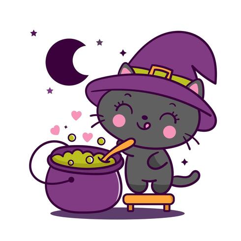 Leuke Halloween kat heks cartoon met magische pot ketel Kawaii dier vector