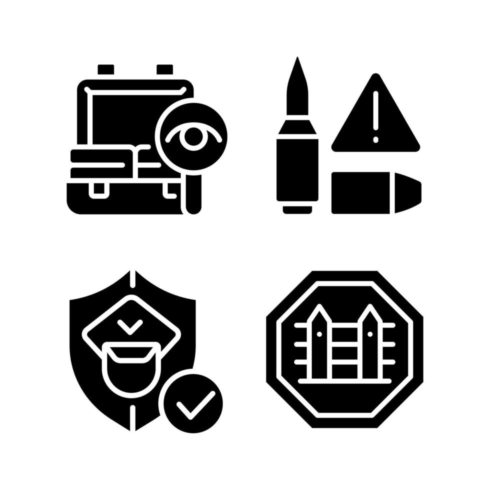 checkpoint onderzoek zwarte glyph pictogrammen instellen op witruimte. grensbeveiliging. wapen illegale verplaatsing preventie. landhekken. douanier. silhouet symbolen. vector geïsoleerde illustratie