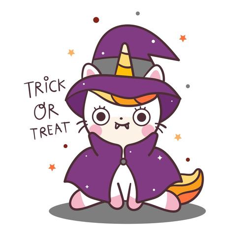 Leuke eenhoorn kat heks halloween dracula vector kawaii cartoon trick or treat