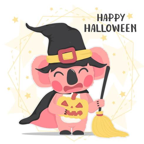 schattige dieren blij roze koala in Halloween heks kostuum met bezem, Happy Halloween vector