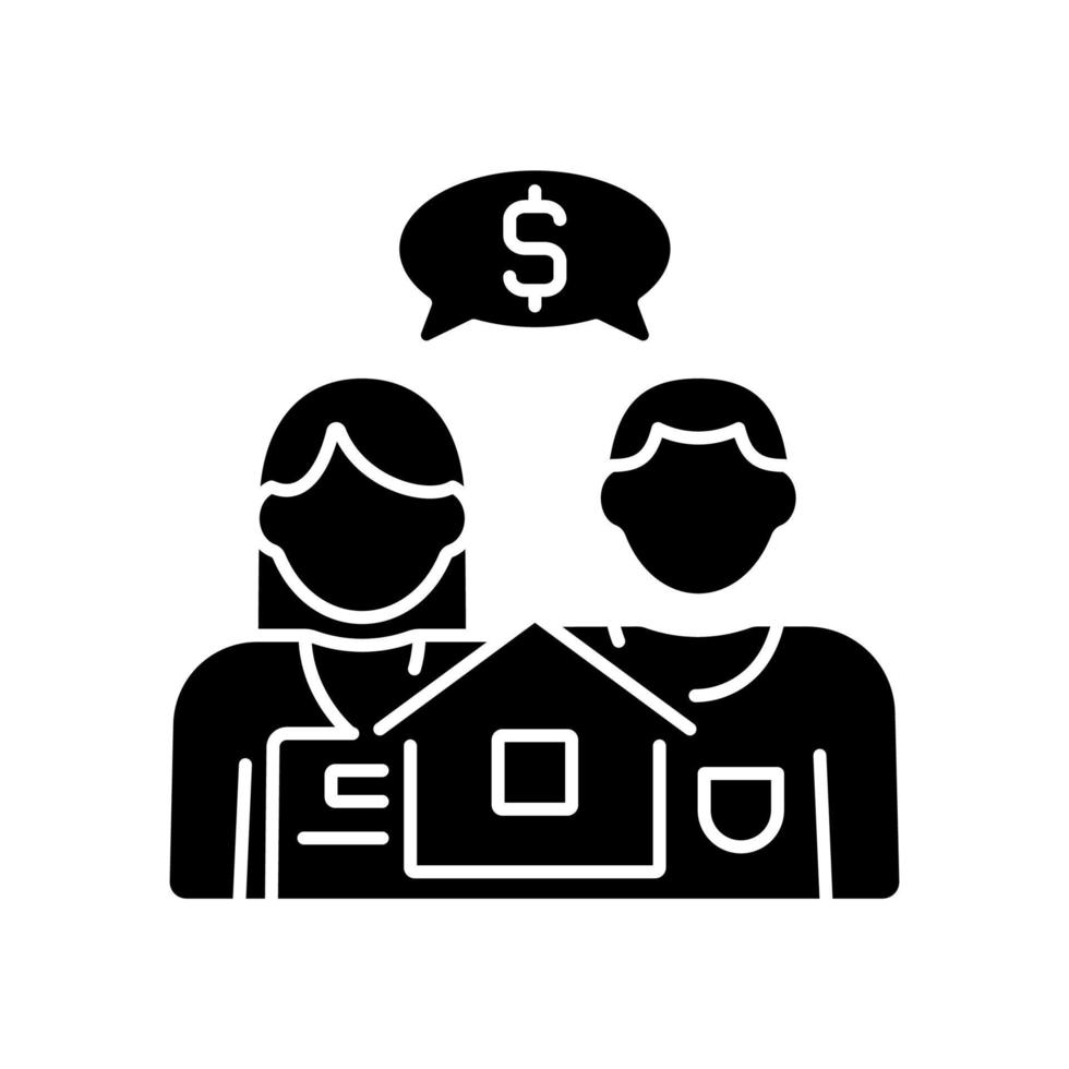 prijsonderhandeling zwart glyph-pictogram. korting ontvangen. verkoper en koper koopje. onroerend goed. verkoop van onroerend goed. silhouet symbool op witte ruimte. solide pictogram. vector geïsoleerde illustratie