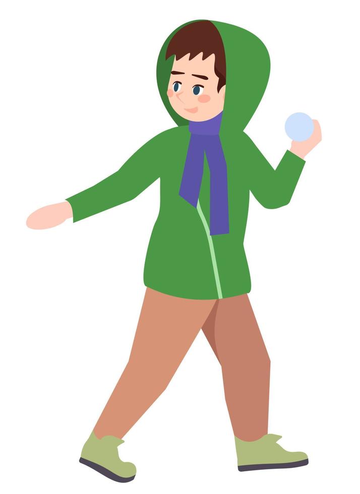 leuke activiteit semi platte rgb kleur vectorillustratie. jongen, vervelend, winterkleding, vasthouden, sneeuwbal, in de hand, geïsoleerde, spotprent, karakter, op wit, background vector