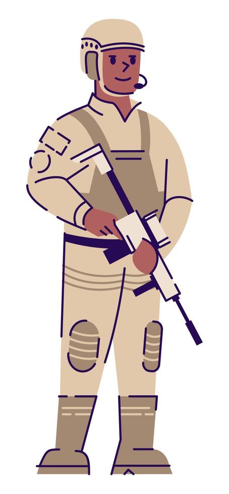 fulltime soldaat semi platte rgb kleur vectorillustratie. militair, man, vervelend, beschermende kleding, geïsoleerde, spotprent, karakter, op wit, achtergrond vector