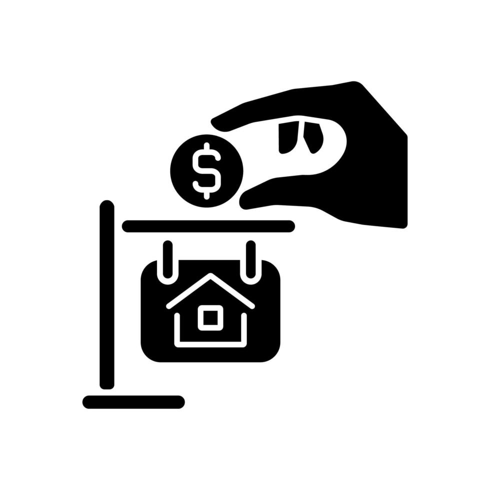 aanbetaling zwart glyph-pictogram. hoeveelheid contant geld. lening voor het kopen van een huis. aankoop van onroerend goed. verkoop van onroerend goed. silhouet symbool op witte ruimte. solide pictogram. vector geïsoleerde illustratie